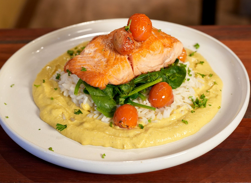 SEARED SALMON WITH SWEET CORN PUR&Eacute;E